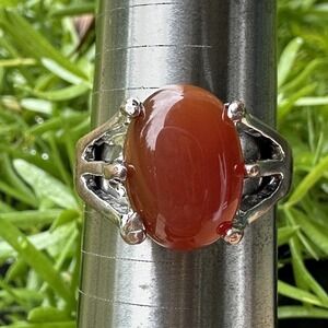 Vintage Accent Ring Size 8.75 Natural Carnelian‎ Agate Cab Silver Plated Copper